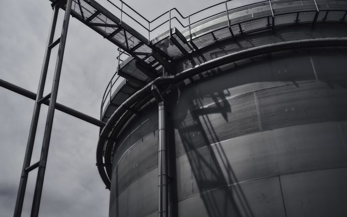 Steel storage tanks and access walkways at a water treatment works