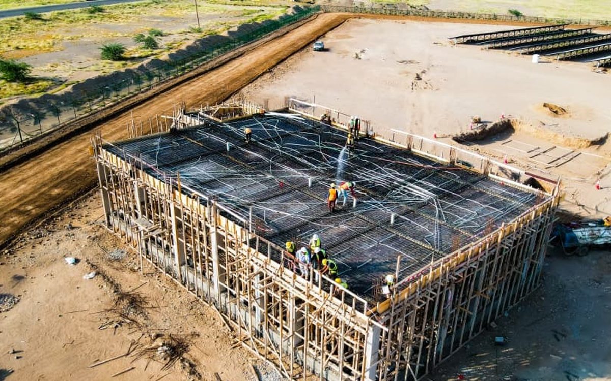 Aerial view of the Hays substation building under construction, with reinforcement in place