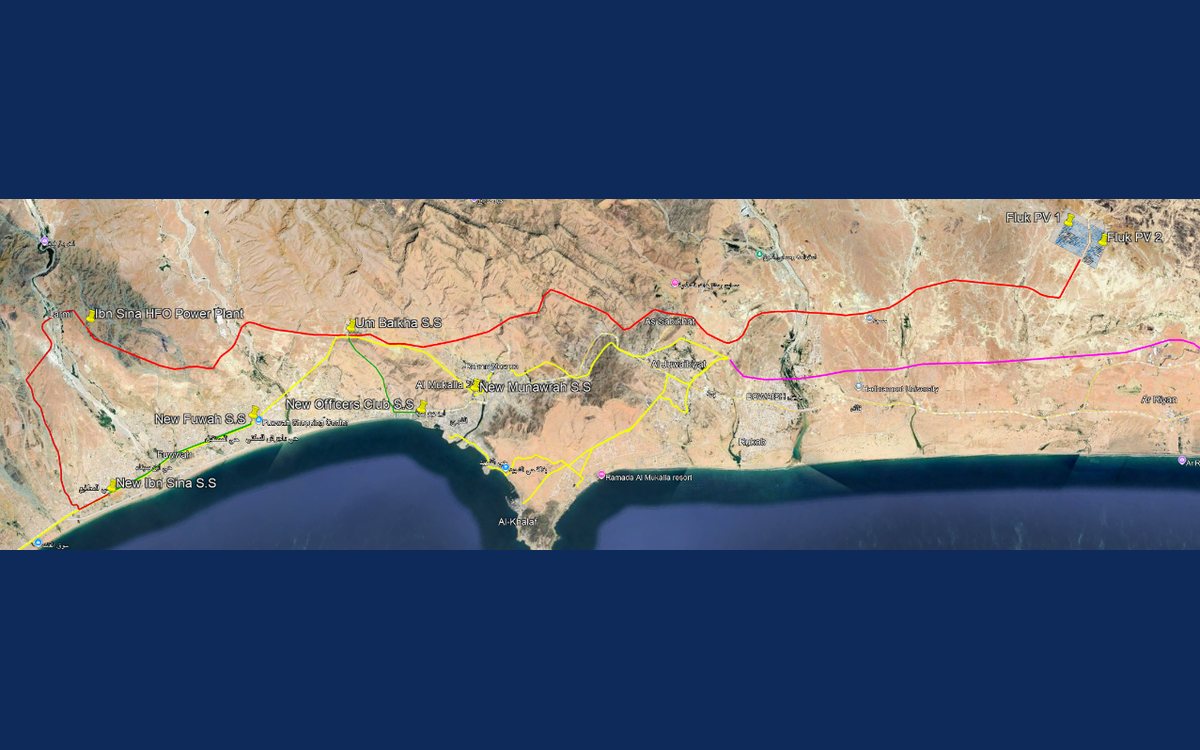 Route map of the Al Mukalla power, transmission and distribution network over satellite imagery
