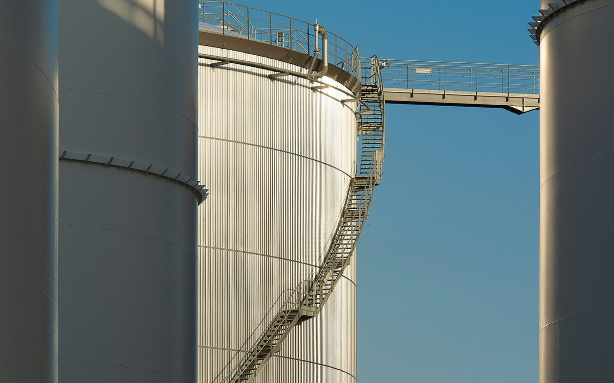 Steel water storage tanks with access stairways at an EtihadWE facility in the Northern Emirates