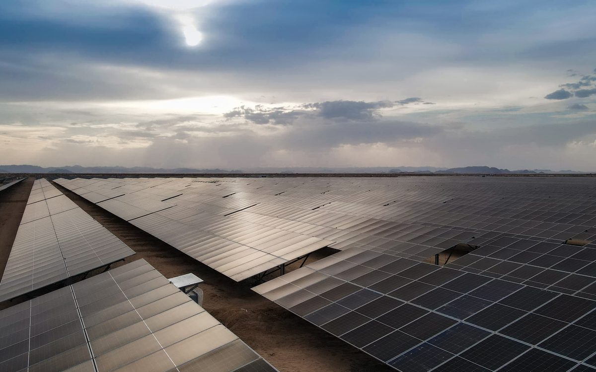The Amdjarass array photographed low along the rows at sunrise