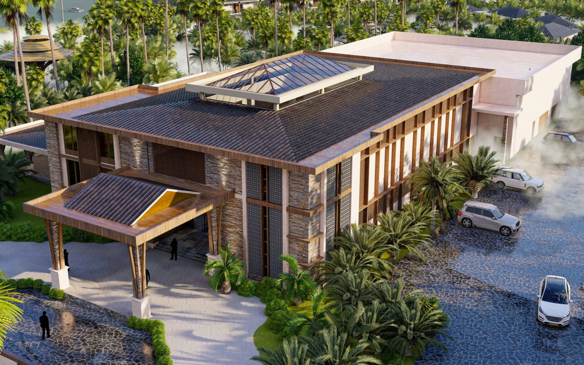 Architect's visualisation of the Movenpick hotel building with roof-mounted solar