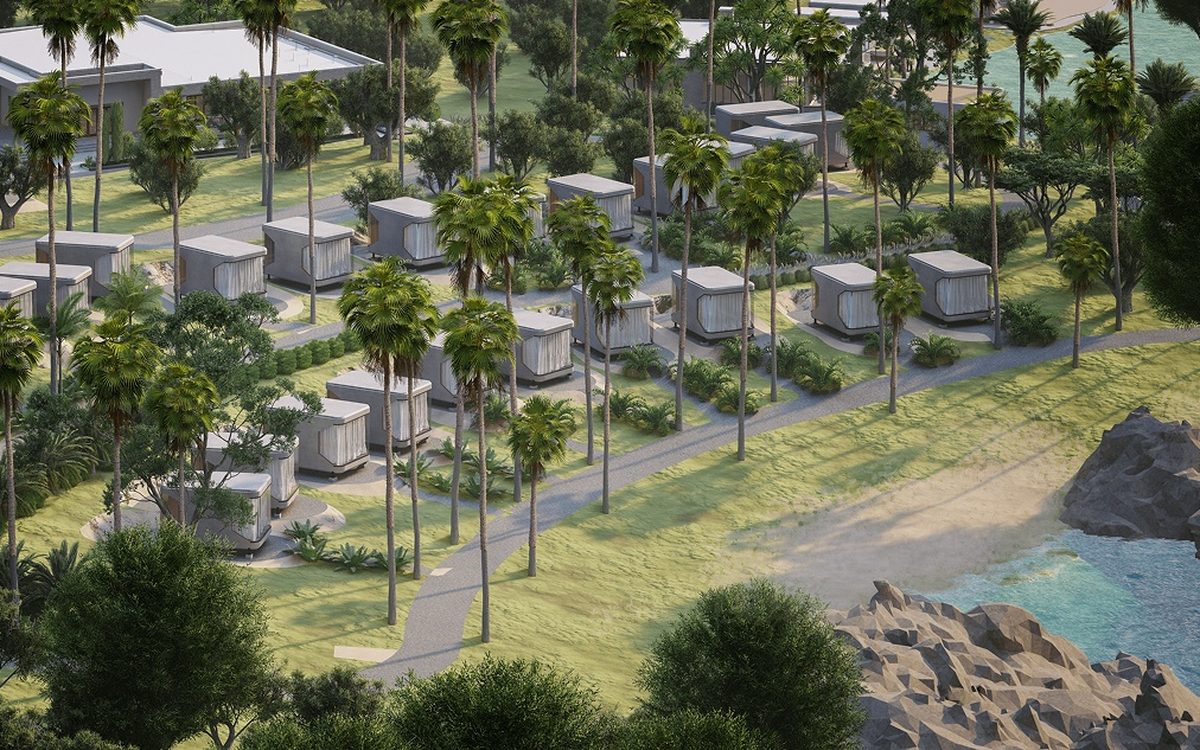 Architect's visualisation of the Kismaayo capsule hotel among palms beside the water