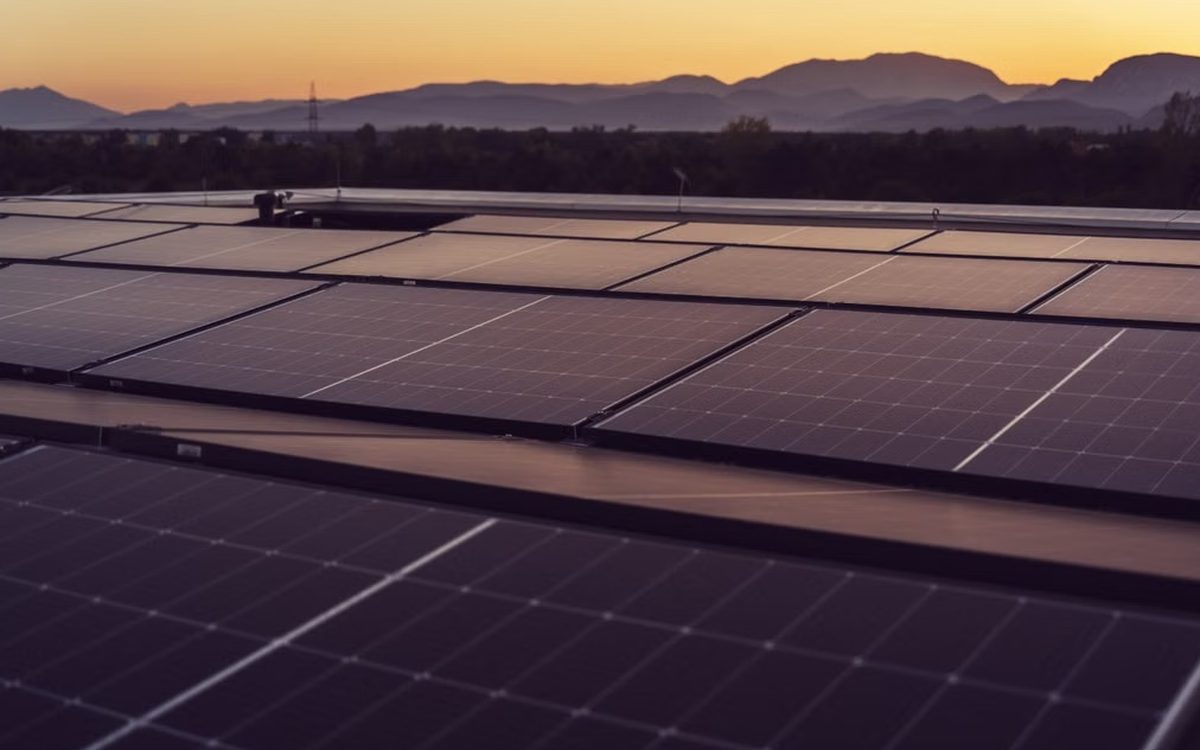 Floating solar modules on still water at dusk in the Seychelles