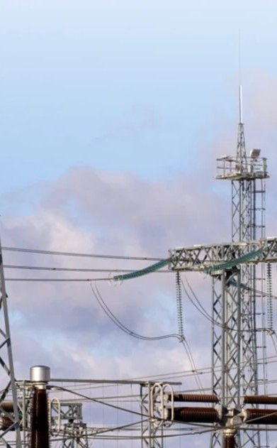 Gantries and insulators at a high-voltage substation