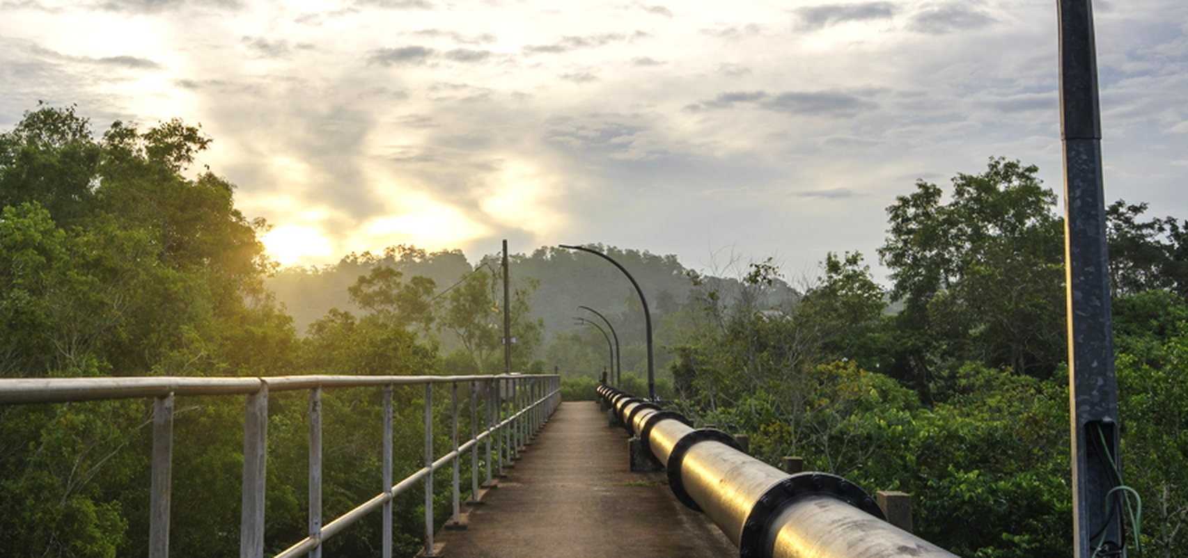 A pipeline running through wooded hills at sunrise