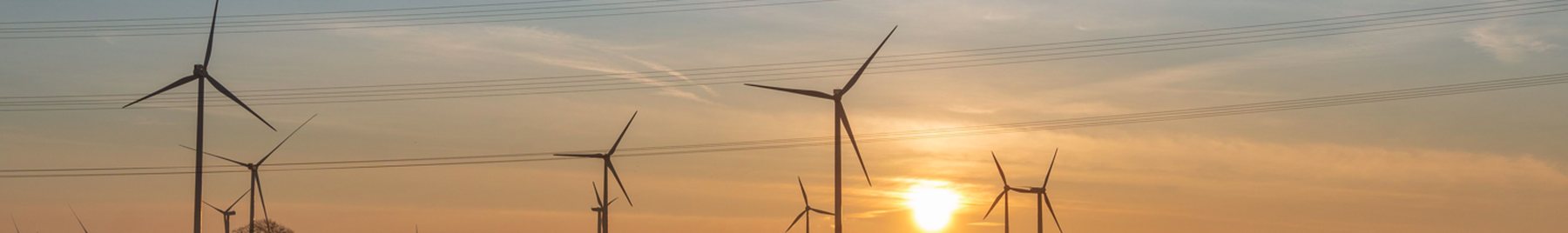 Wind turbines on open ground at sunset